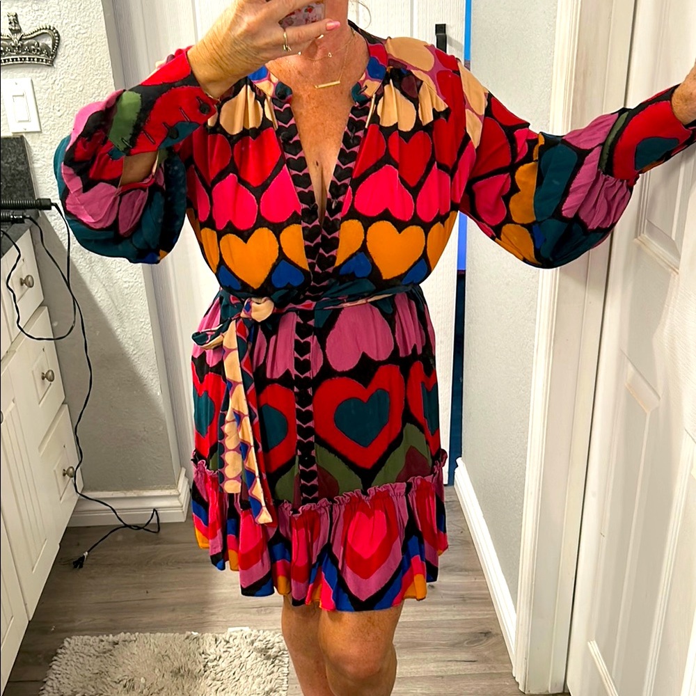 🌈EUC FARM RIO Full of Hearts long sleeve mini dress🩷❤️🧡💛💚🩵💙💜